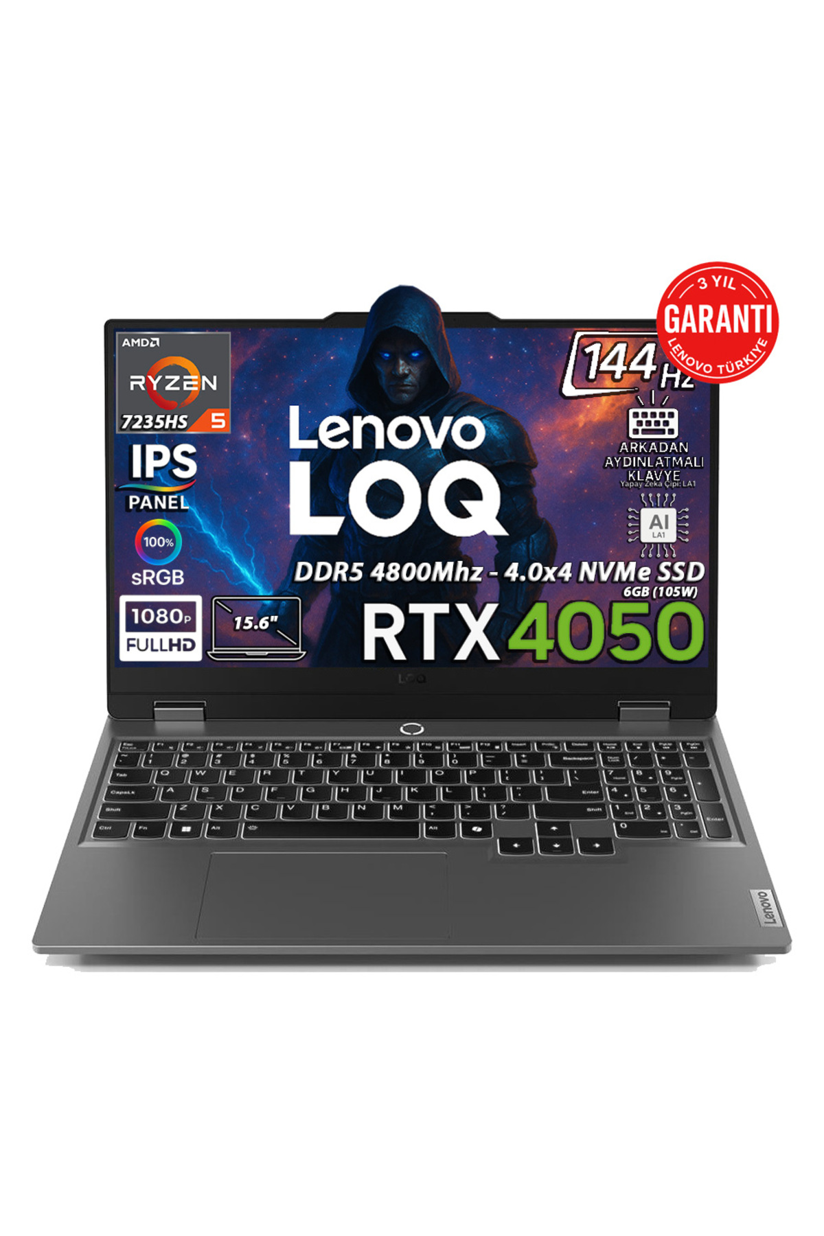 LENOVO LOQ 15ARP9 AMD Ryzen 5 7235HS 16GB 512GB SSD RTX 4050 6GB (105W) 15.6" FHD IPS 144Hz Fdos 83JC00H4TR