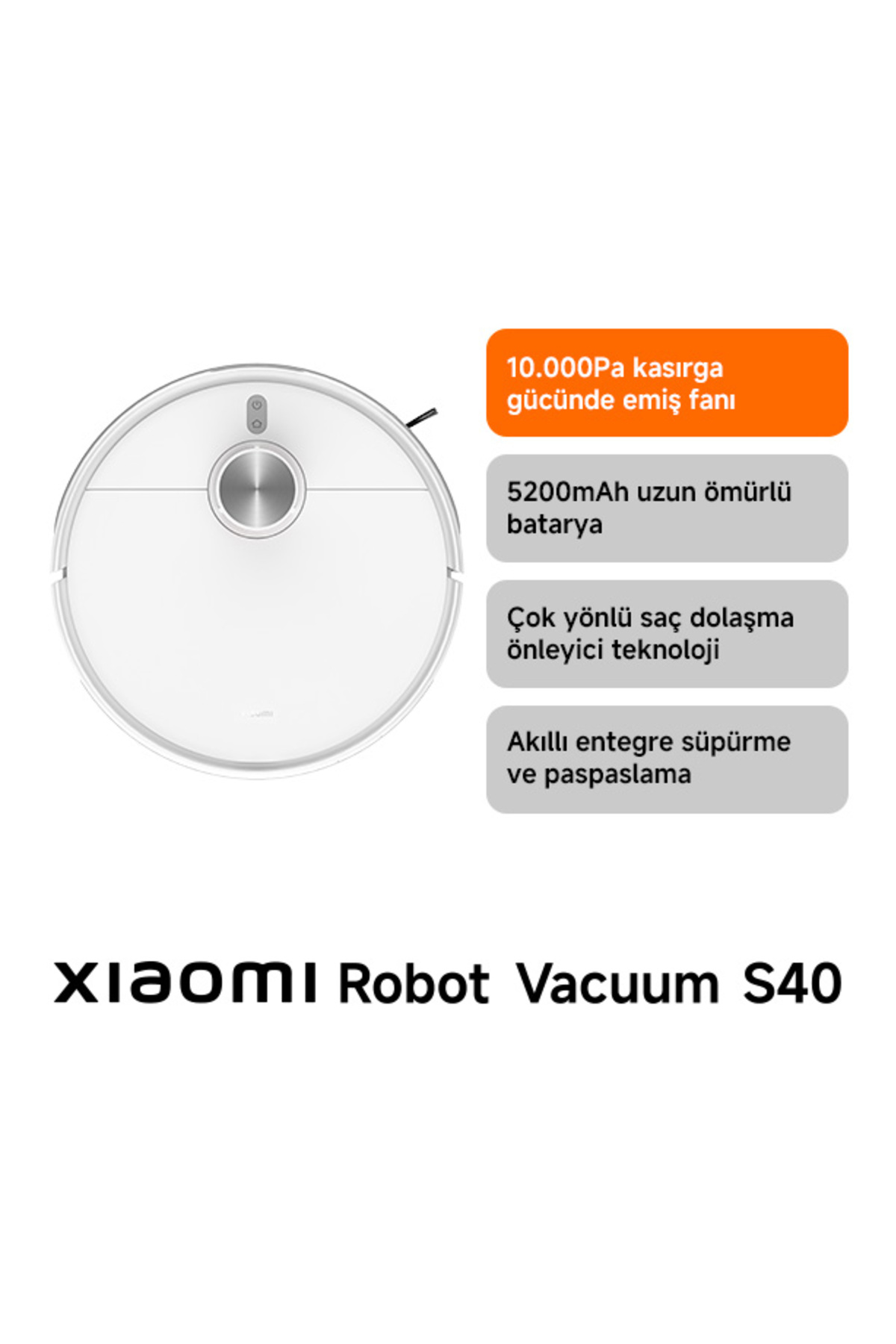 Robot Vacuum S40 Beyaz Akıllı Robot Süpürge + Paspas -10000 Pa Emiş Gücü (Xiaomi TR Garantili)